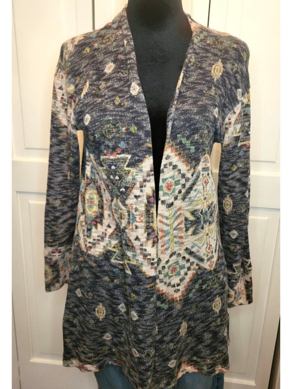 EyeShadow  L Gray Blue Aztec Print Open Cardigan Boho Western Southwestern Fall